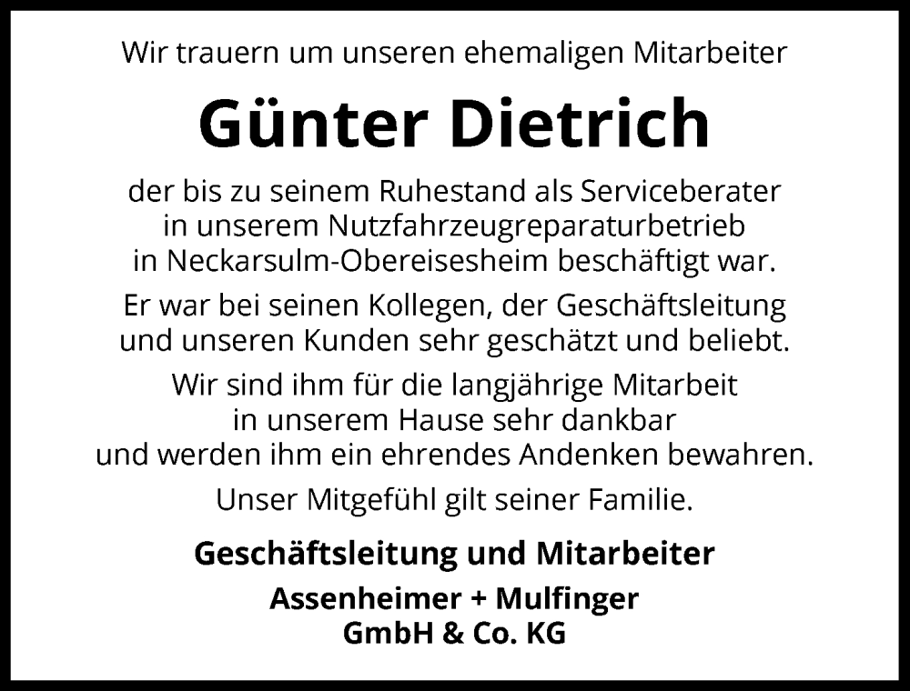  Traueranzeige für Günter Dietrich vom 17.09.2022 aus GESAMT