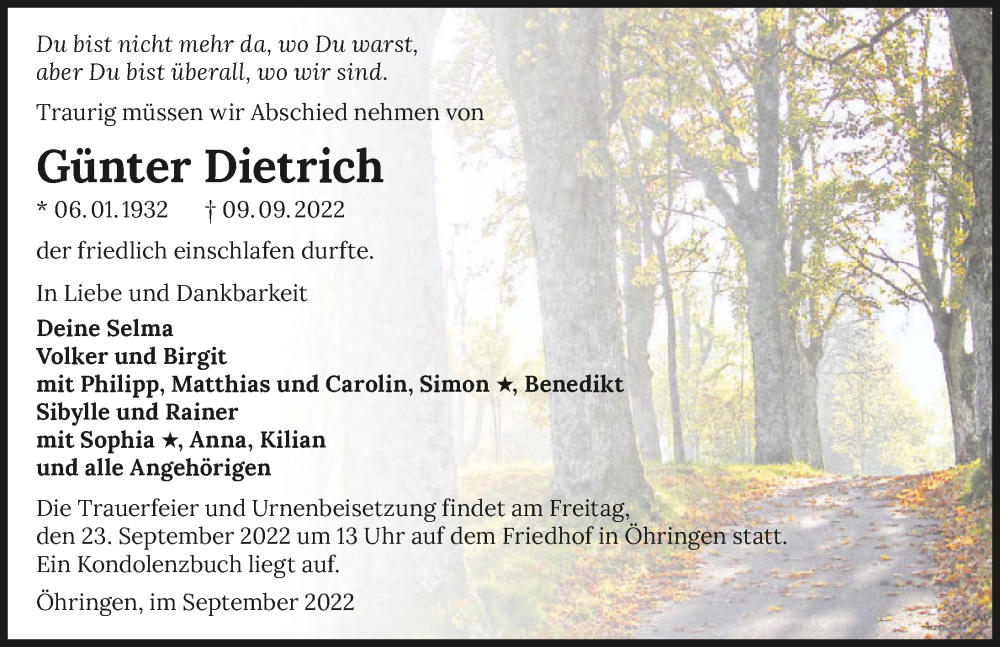  Traueranzeige für Günter Dietrich vom 17.09.2022 aus GESAMT