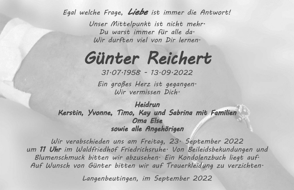  Traueranzeige für Günter Reichert vom 20.09.2022 aus GESAMT