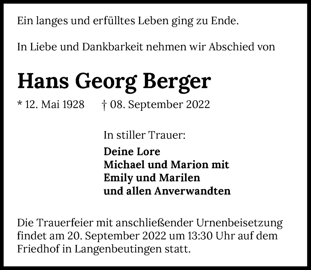  Traueranzeige für Hans Berger vom 16.09.2022 aus GESAMT
