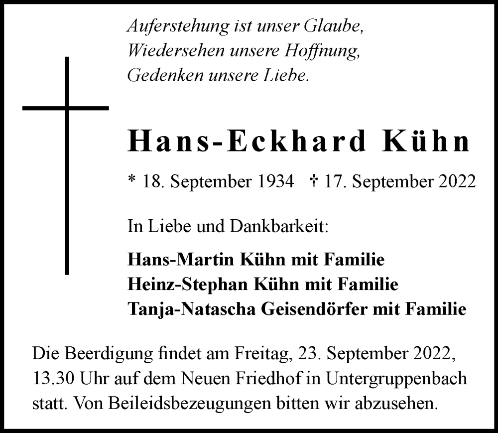  Traueranzeige für Hans-Eckhard Kühn vom 20.09.2022 aus GESAMT