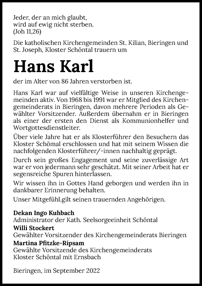  Traueranzeige für Hans Karl vom 23.09.2022 aus GESAMT