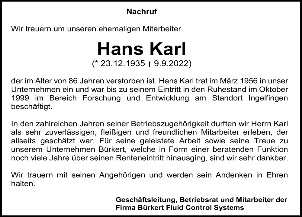  Traueranzeige für Hans Karl vom 21.09.2022 aus GESAMT