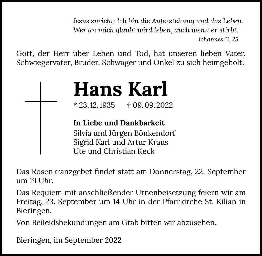  Traueranzeige für Hans Karl vom 20.09.2022 aus GESAMT