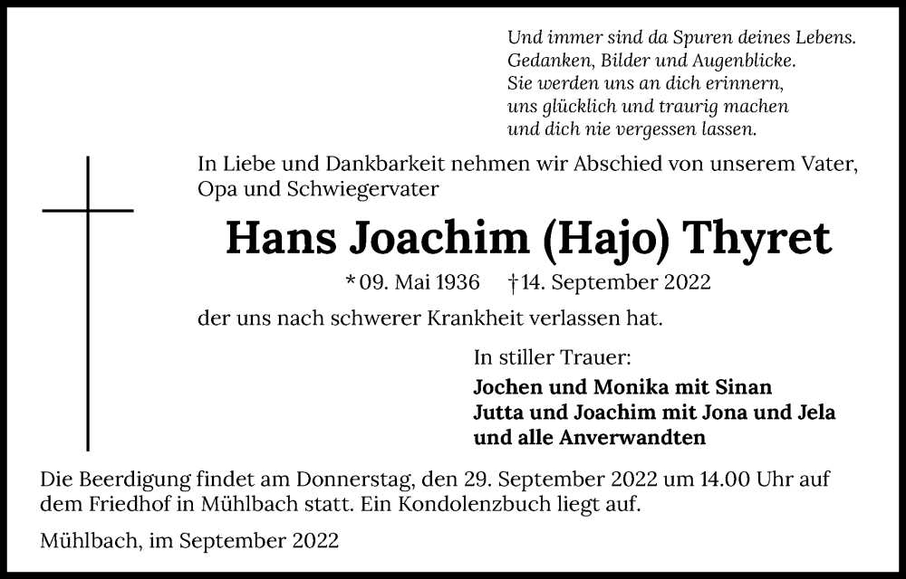  Traueranzeige für Hans Joachim Thyret vom 24.09.2022 aus GESAMT