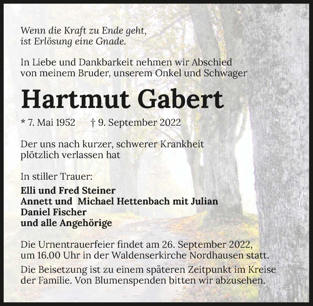  Traueranzeige für Hartmut Gabert vom 23.09.2022 aus GESAMT