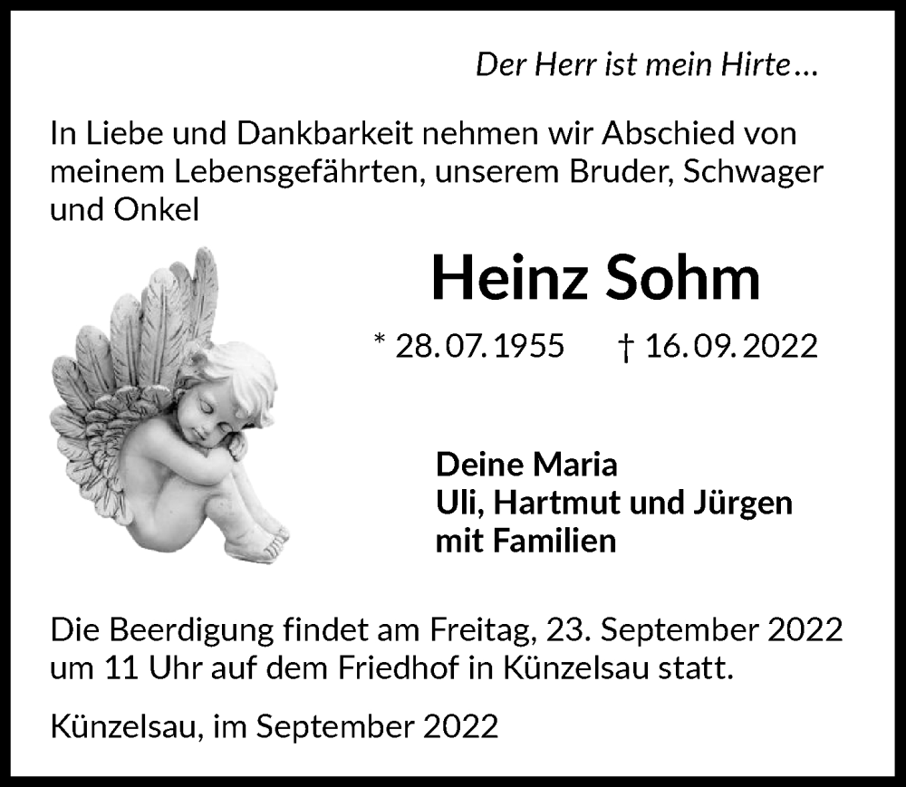  Traueranzeige für Heinz Sohm vom 21.09.2022 aus GESAMT