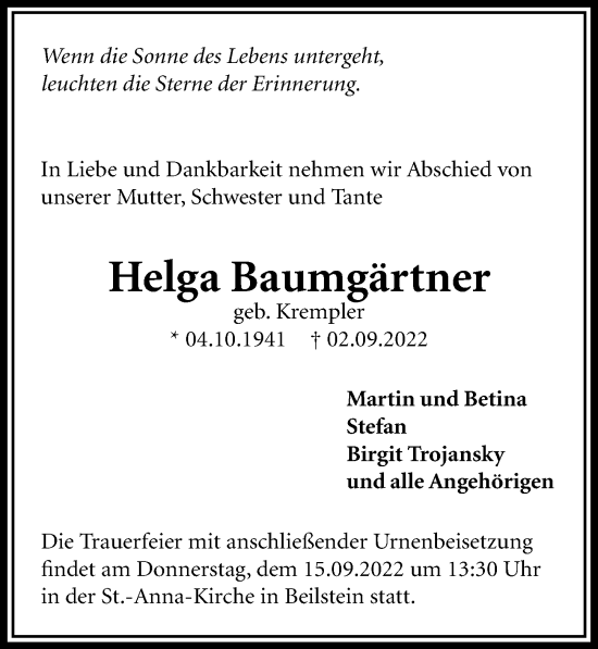 Traueranzeige von Helga Baumgärtner von GESAMT