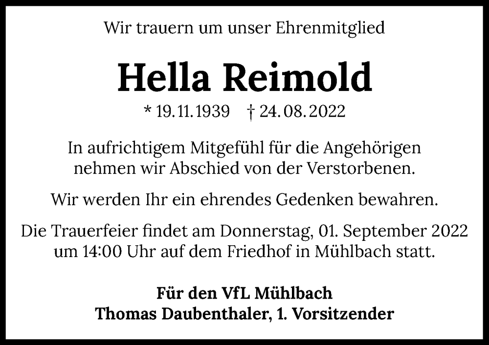  Traueranzeige für Hella Reimold vom 31.08.2022 aus GESAMT
