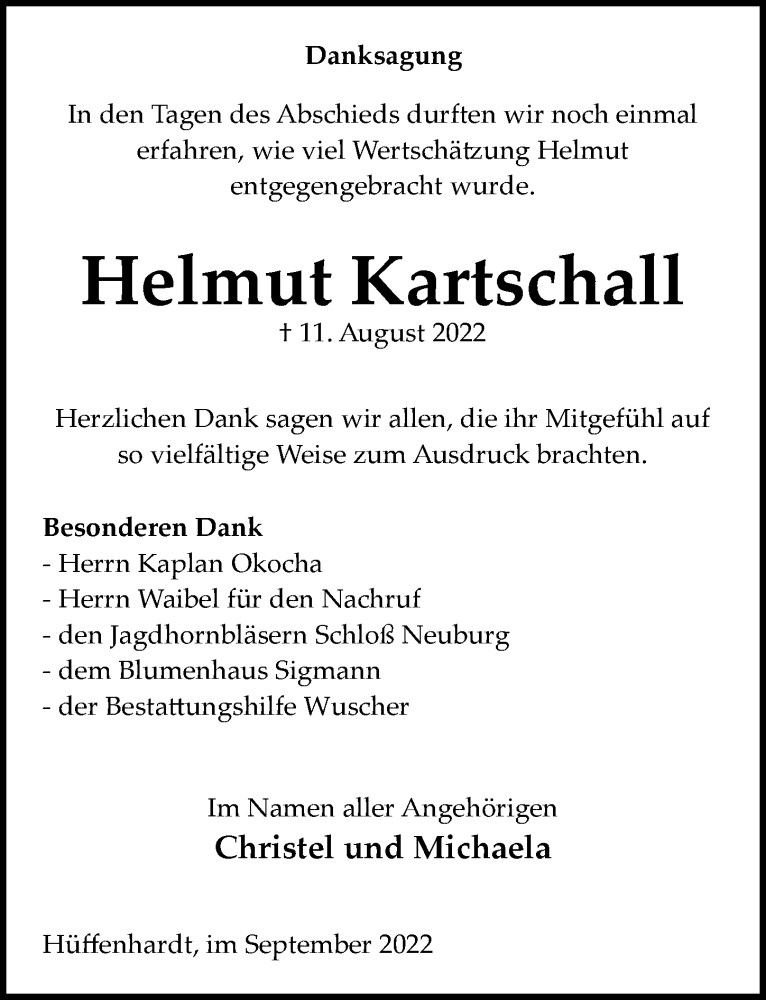  Traueranzeige für Helmut Kartschall vom 10.09.2022 aus GESAMT