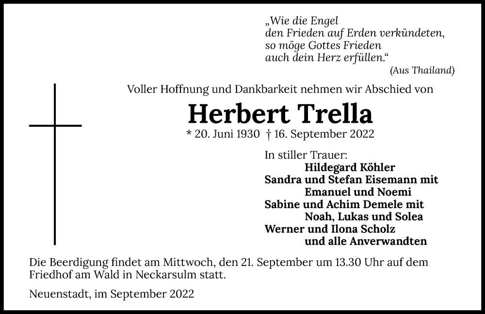  Traueranzeige für Herbert Trella vom 20.09.2022 aus GESAMT