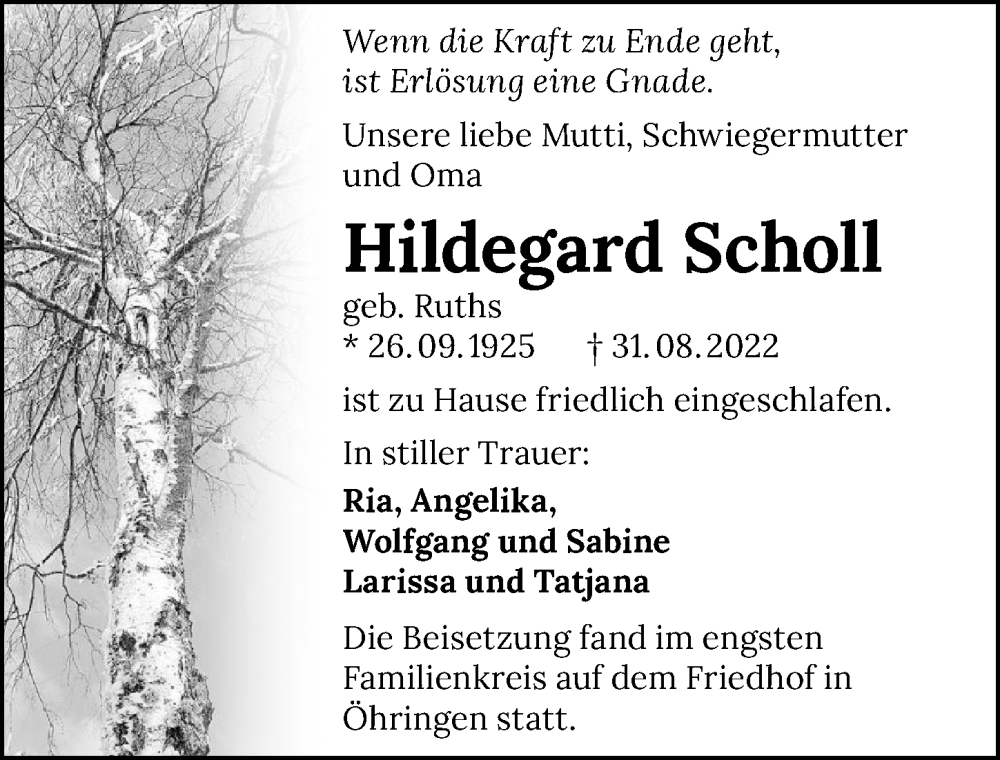  Traueranzeige für Hildegard Scholl vom 17.09.2022 aus GESAMT