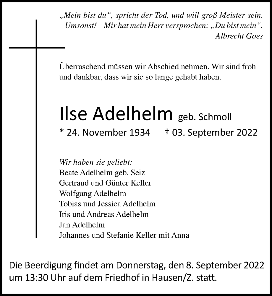  Traueranzeige für Ilse Adelhelm vom 06.09.2022 aus GESAMT