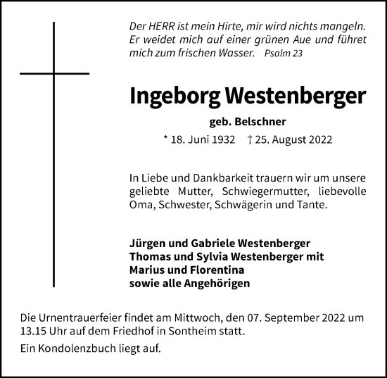 Traueranzeige von Ingeborg Westenberger von GESAMT
