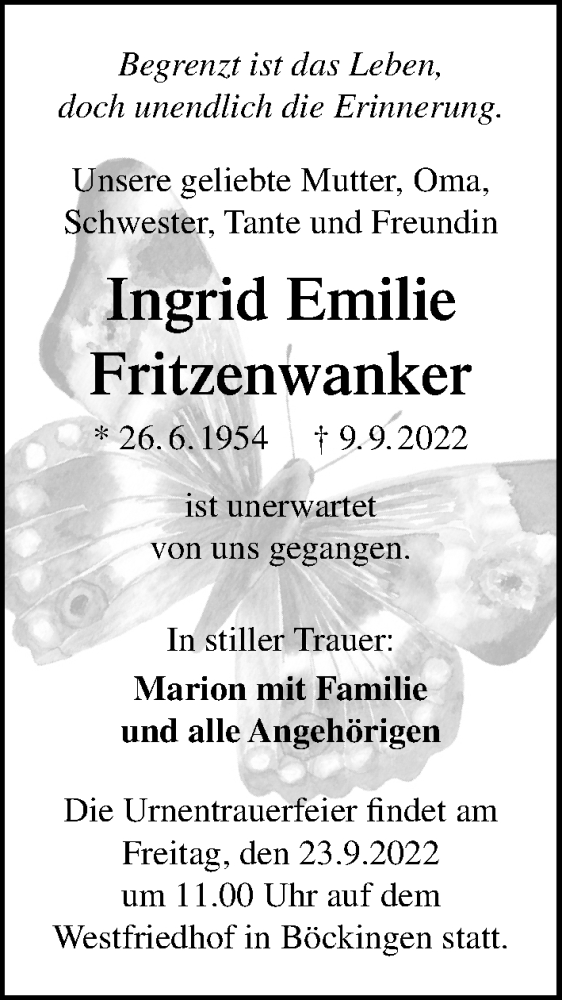  Traueranzeige für Ingrid Emilie Fritzenwanker vom 17.09.2022 aus GESAMT