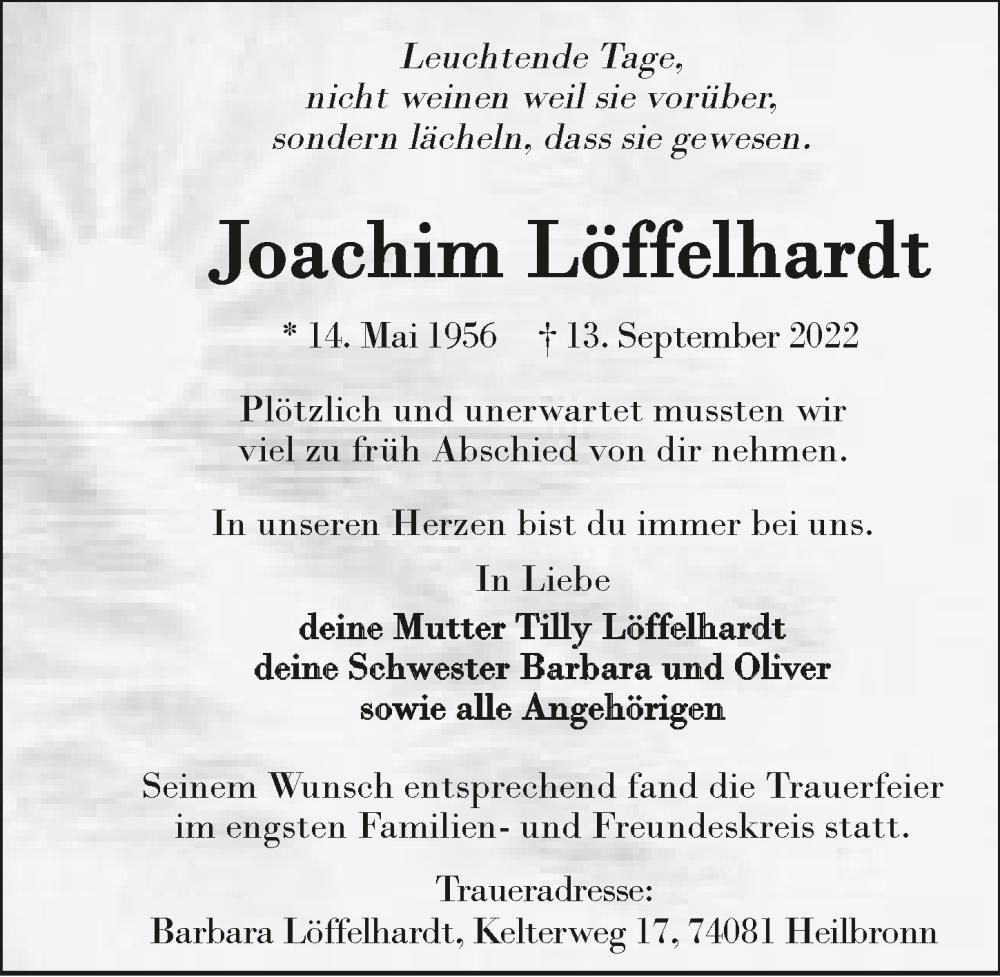  Traueranzeige für Joachim Löffelhardt vom 24.09.2022 aus GESAMT