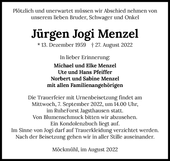 Traueranzeige von Jürgen Jogi Menzel von GESAMT