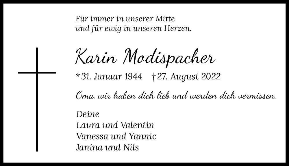  Traueranzeige für Karin Modispacher vom 03.09.2022 aus GESAMT