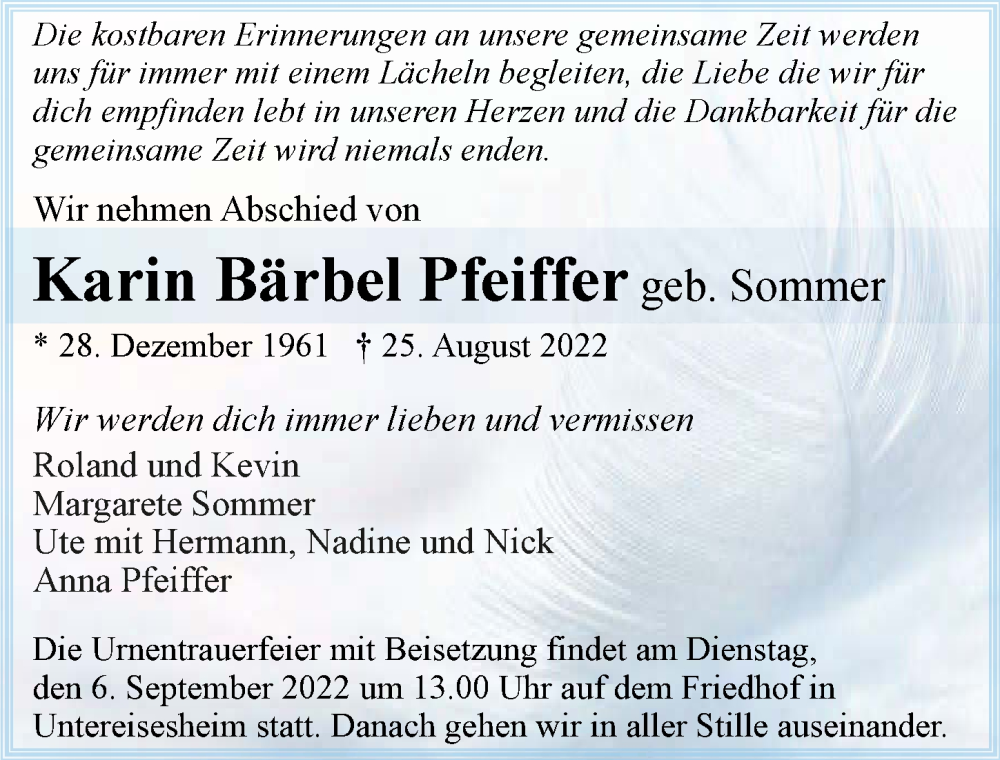  Traueranzeige für Karin Bärbel Pfeiffer vom 03.09.2022 aus GESAMT