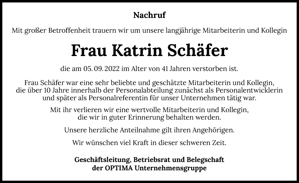  Traueranzeige für Katrin Schäfer vom 13.09.2022 aus GESAMT