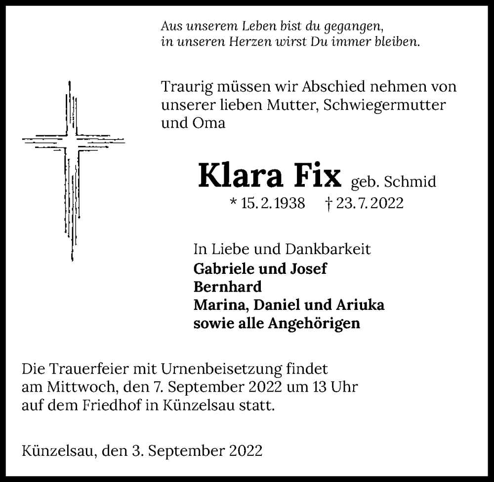  Traueranzeige für Klara Fix vom 03.09.2022 aus GESAMT