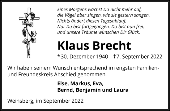Traueranzeige von Klaus Brecht von GESAMT
