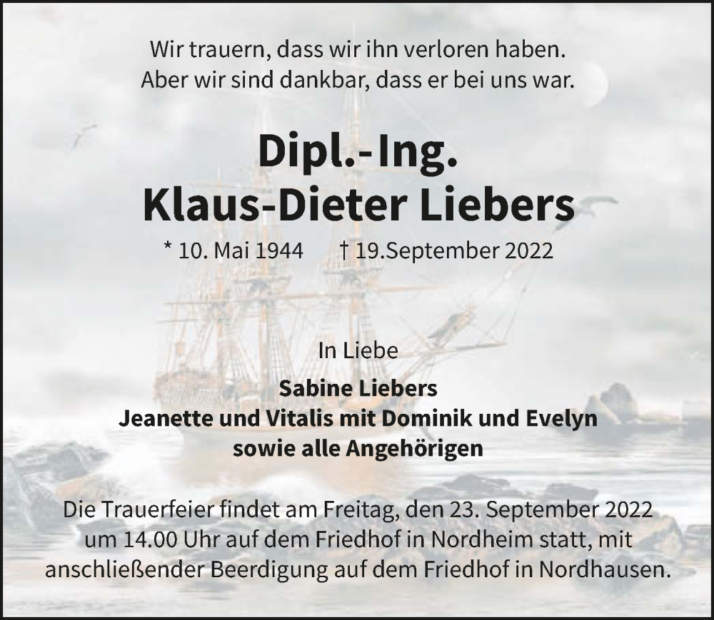  Traueranzeige für Klaus-Dieter Liebers vom 21.09.2022 aus GESAMT