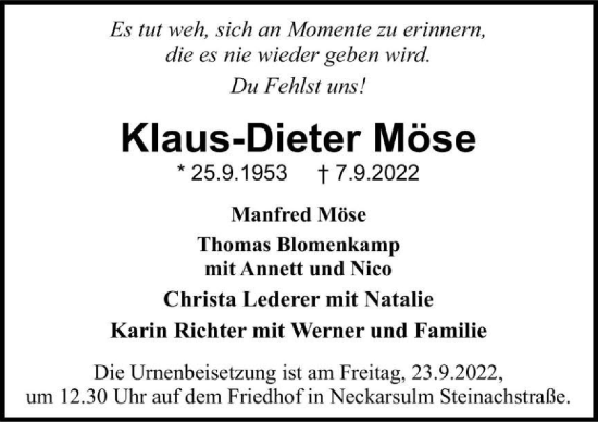 Traueranzeige von Klaus-Dieter Möse von GESAMT