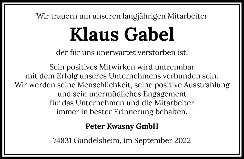  Traueranzeige für Klaus Gabel vom 24.09.2022 aus GESAMT