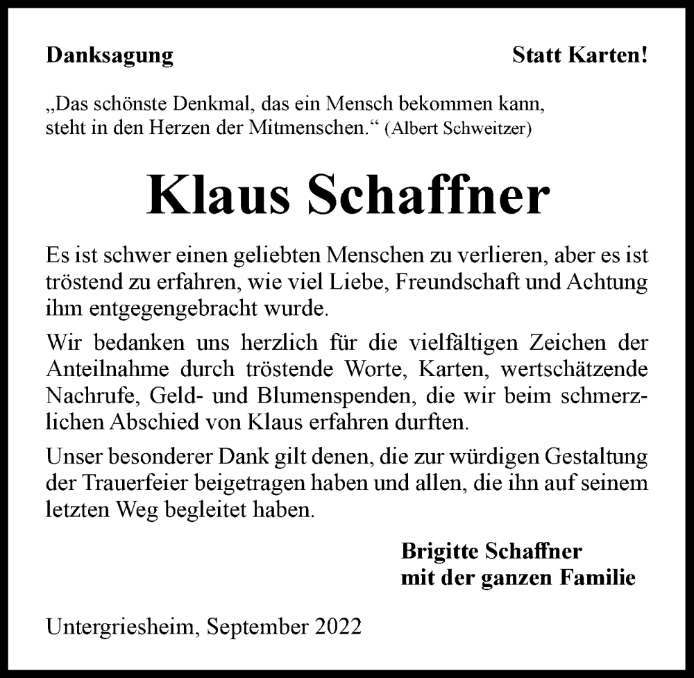  Traueranzeige für Klaus Schaffner vom 24.09.2022 aus GESAMT
