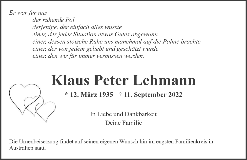  Traueranzeige für Klaus Peter Lehmann vom 24.09.2022 aus GESAMT