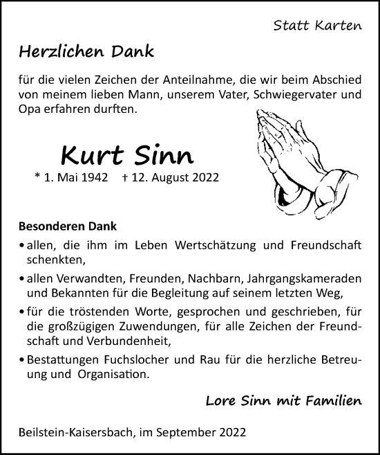 Traueranzeige von Kurt Sinn von GESAMT