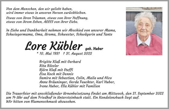Traueranzeige von Lore Kübler von GESAMT