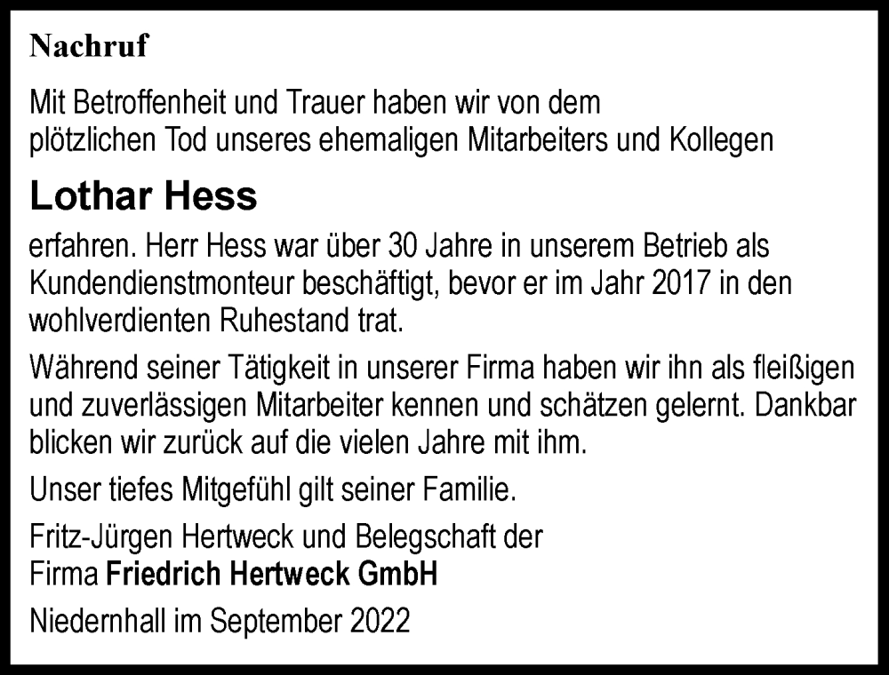  Traueranzeige für Lothar Hess vom 15.09.2022 aus GESAMT