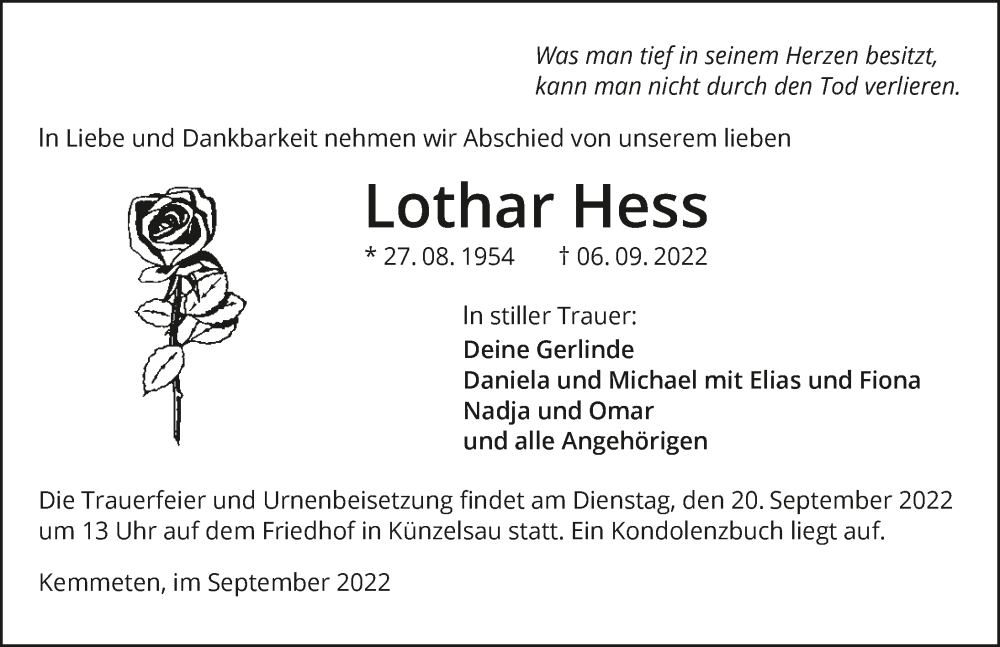  Traueranzeige für Lothar Hess vom 15.09.2022 aus GESAMT