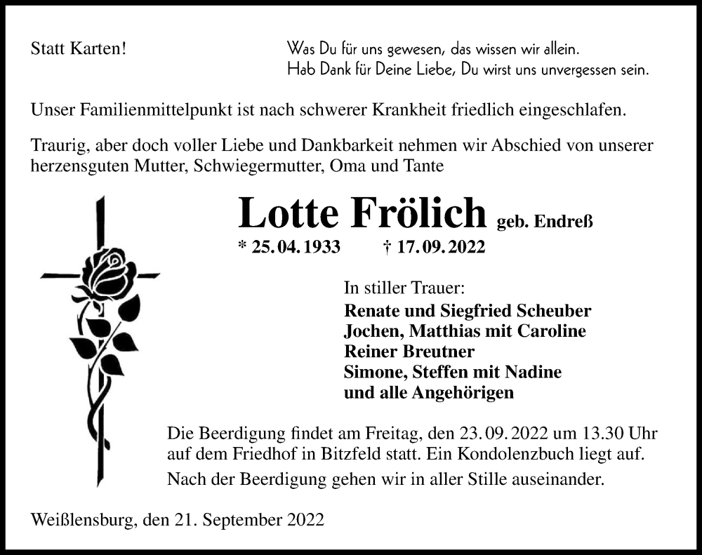  Traueranzeige für Lotte Frölich vom 21.09.2022 aus GESAMT
