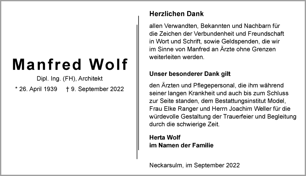  Traueranzeige für Manfred Wolf vom 23.09.2022 aus GESAMT
