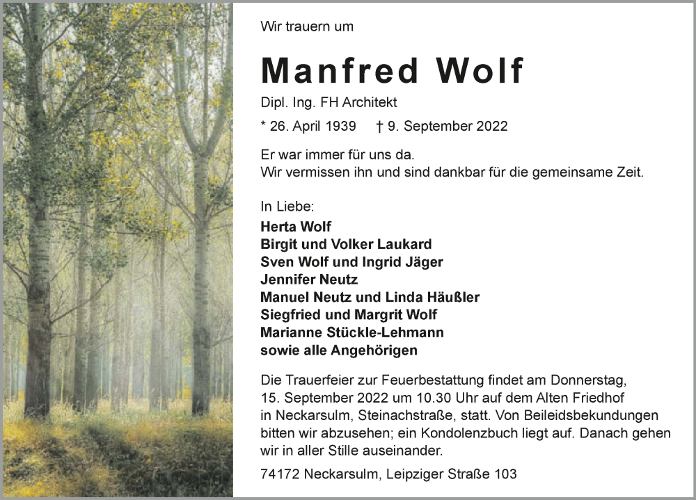  Traueranzeige für Manfred Wolf vom 13.09.2022 aus GESAMT