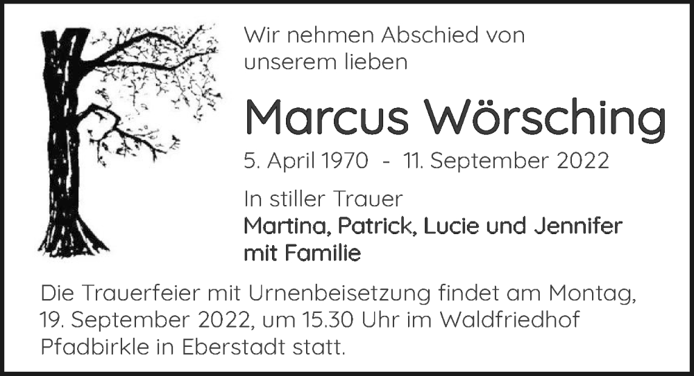  Traueranzeige für Marcus Wörsching vom 15.09.2022 aus GESAMT