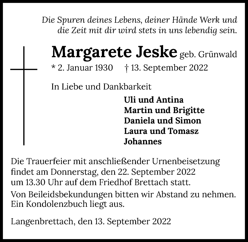  Traueranzeige für Margarete Jeske vom 17.09.2022 aus GESAMT