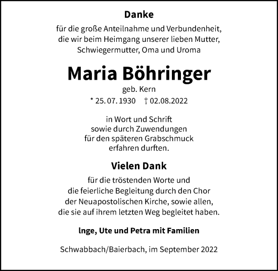 Traueranzeige von Maria Böhringer von GESAMT