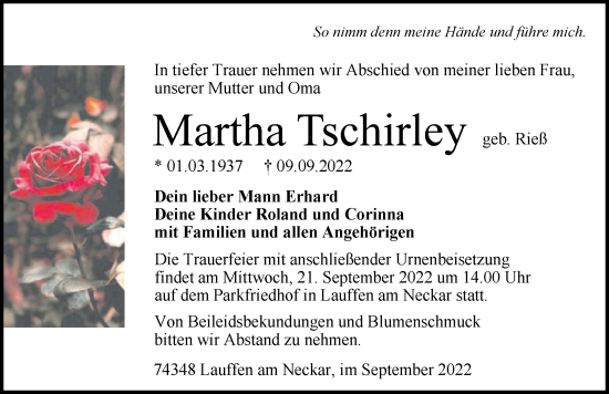 Traueranzeige von Martha Tschirley von GESAMT