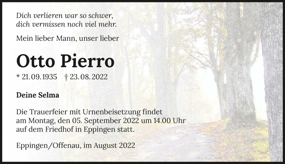  Traueranzeige für Otto Pierro vom 03.09.2022 aus GESAMT