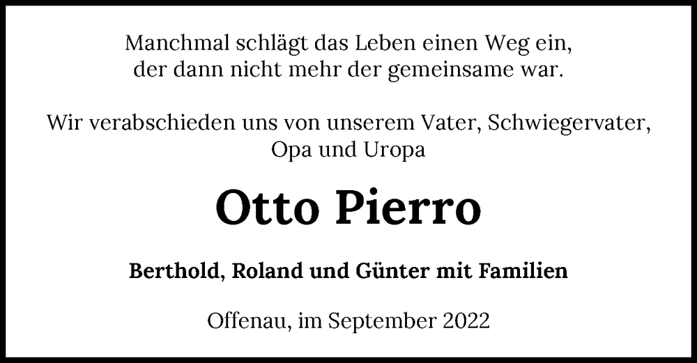  Traueranzeige für Otto Pierro vom 07.09.2022 aus GESAMT