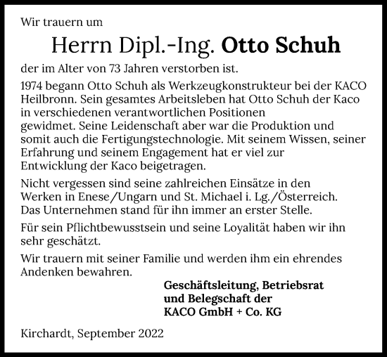 Traueranzeige von Otto Schuh von GESAMT