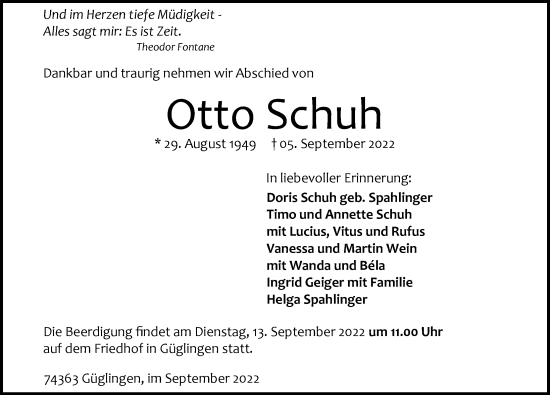 Traueranzeige von Otto Schuh von GESAMT