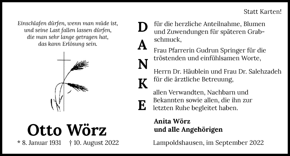  Traueranzeige für Otto Wörz vom 08.09.2022 aus GESAMT