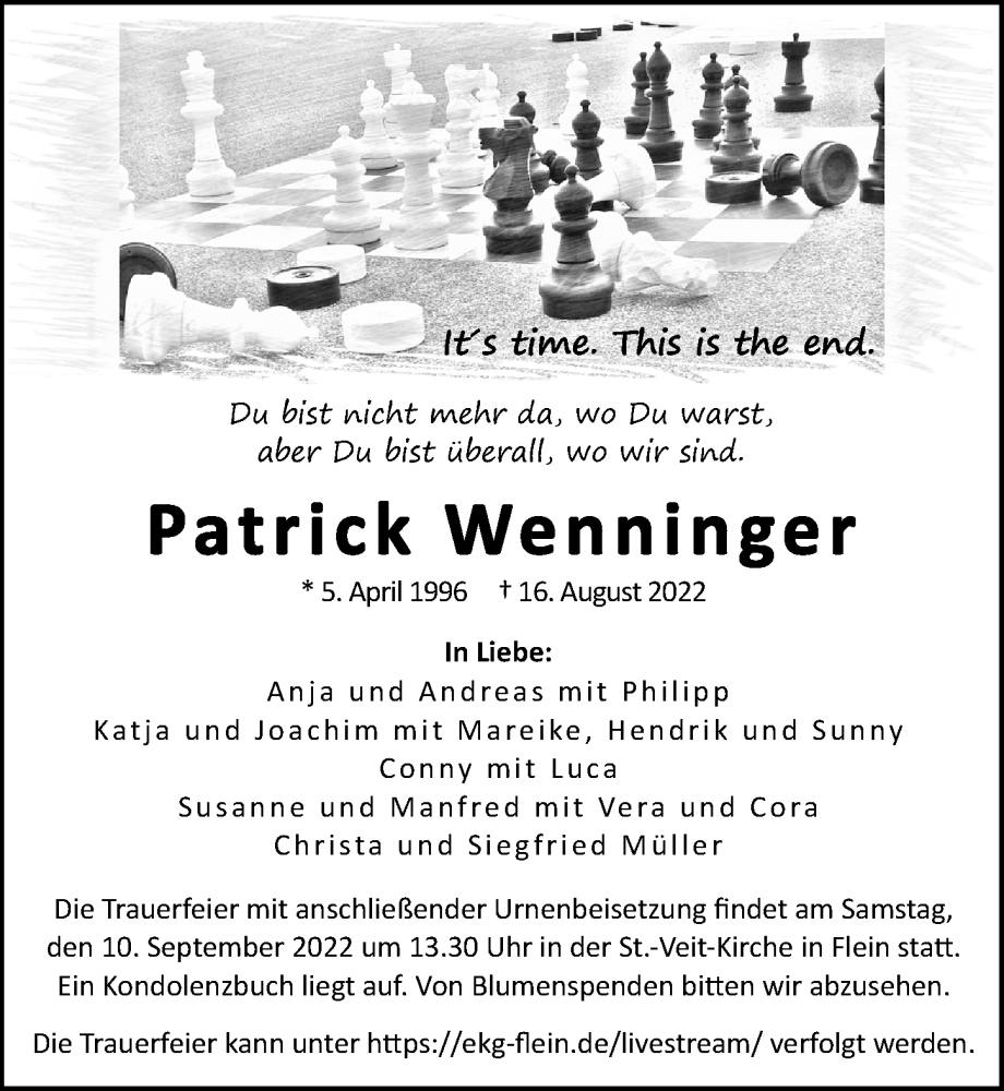  Traueranzeige für Patrick Wenninger vom 03.09.2022 aus GESAMT