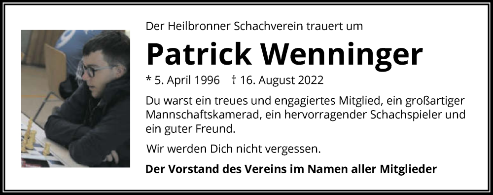  Traueranzeige für Patrick Wenninger vom 03.09.2022 aus GESAMT