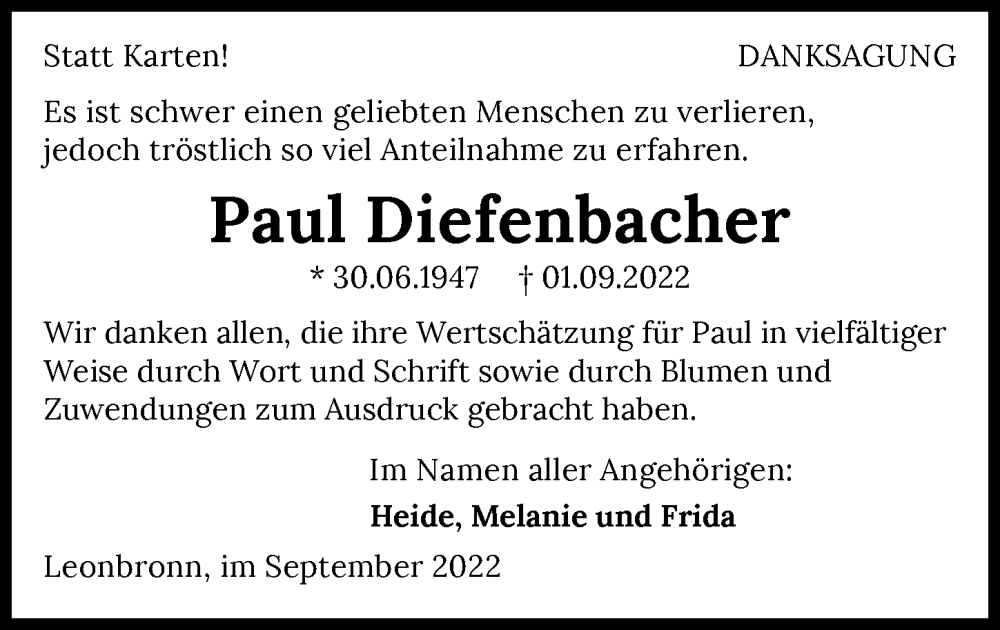  Traueranzeige für Paul Diefenbacher vom 28.09.2022 aus GESAMT